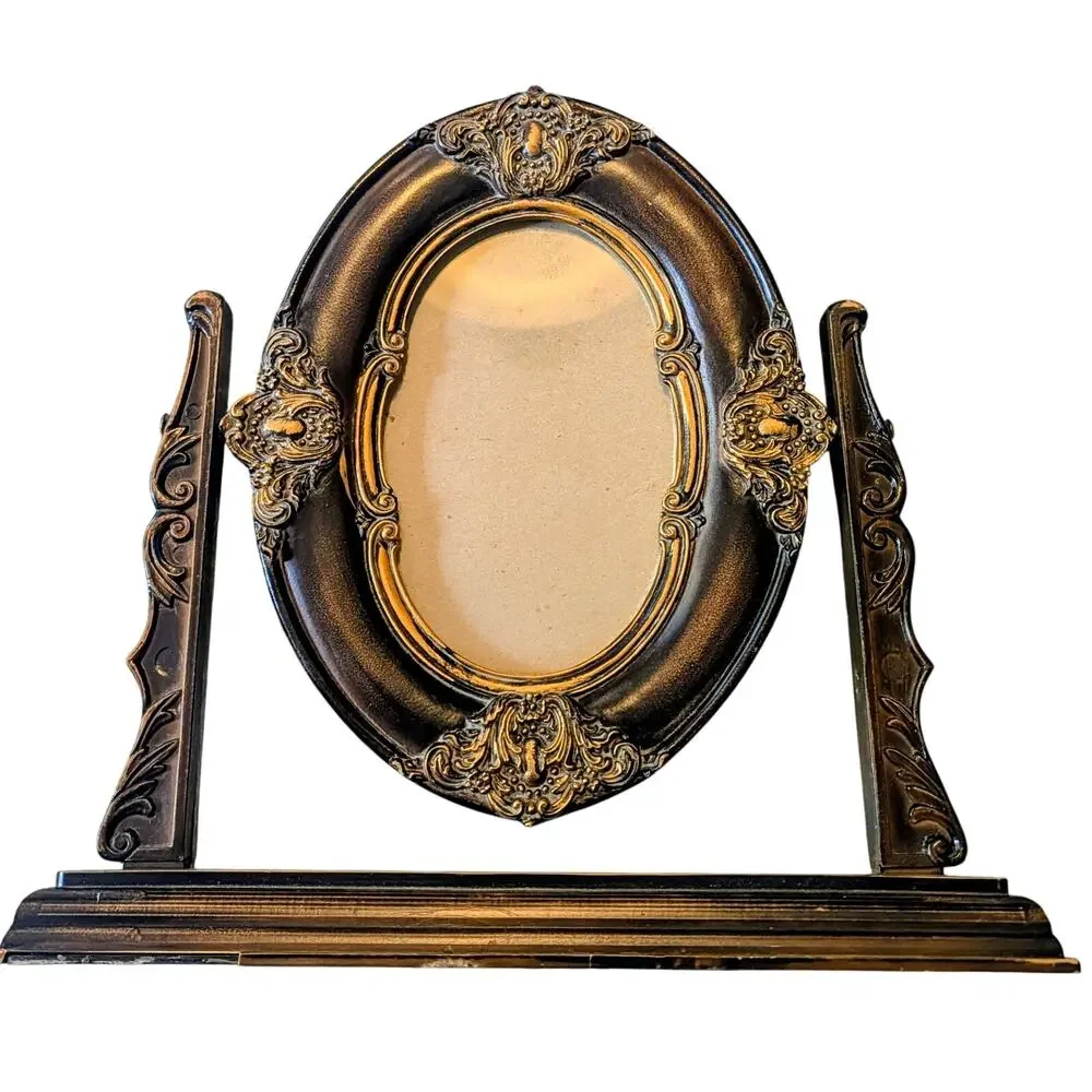 Vintage Brown and Gold Baroque Oval Tabletop Swivel Frame Ornate Victorian Style